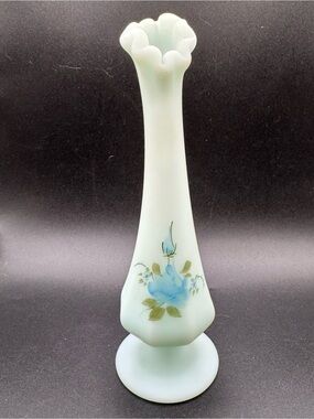 VTG Fenton Custard Satin Swung Glass Bud Vase Cottage Rose Hand Painted Signed